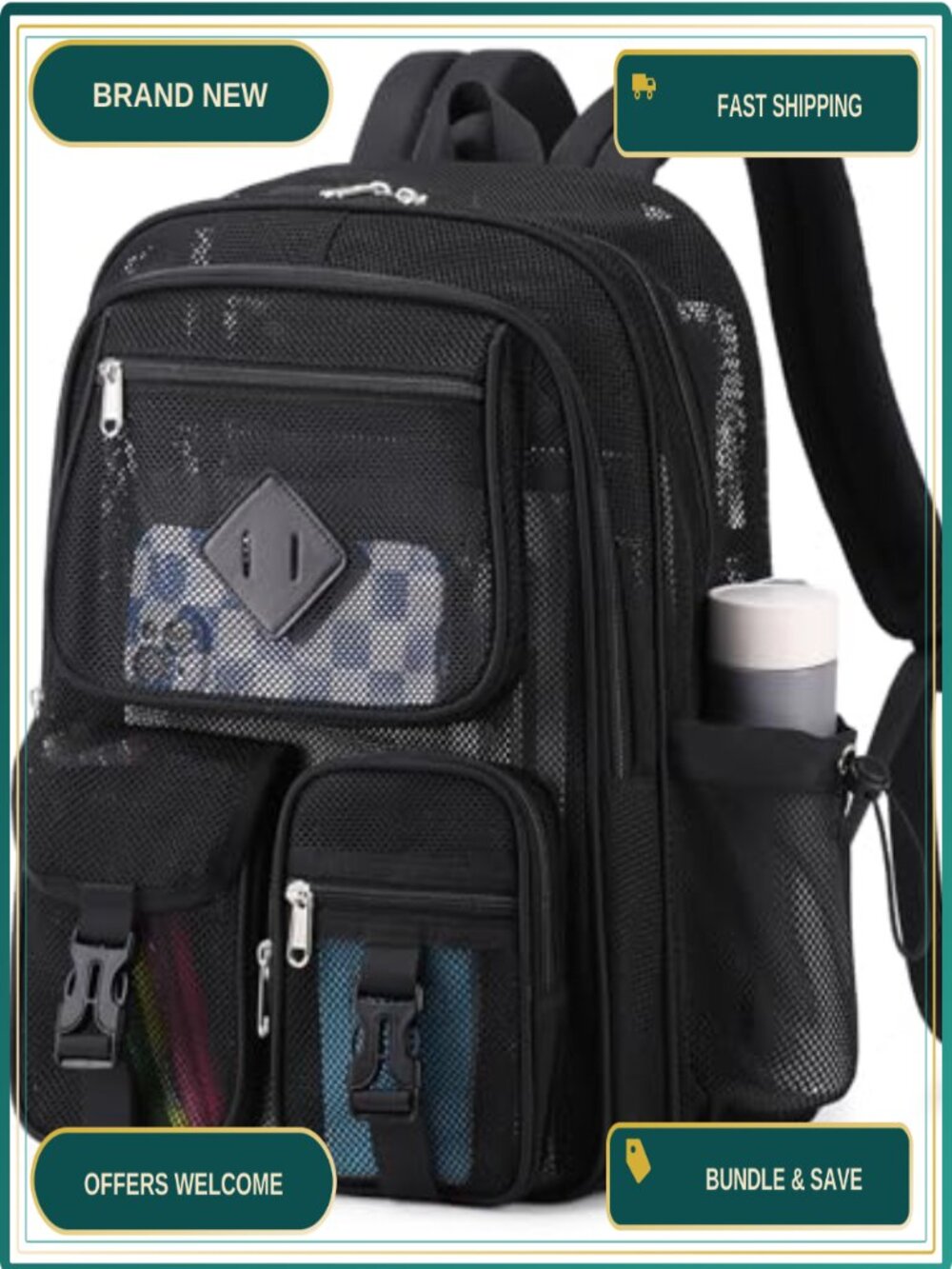 Heavy Duty Mesh Backpack See Through Net Bookbag for School Beach Swimming